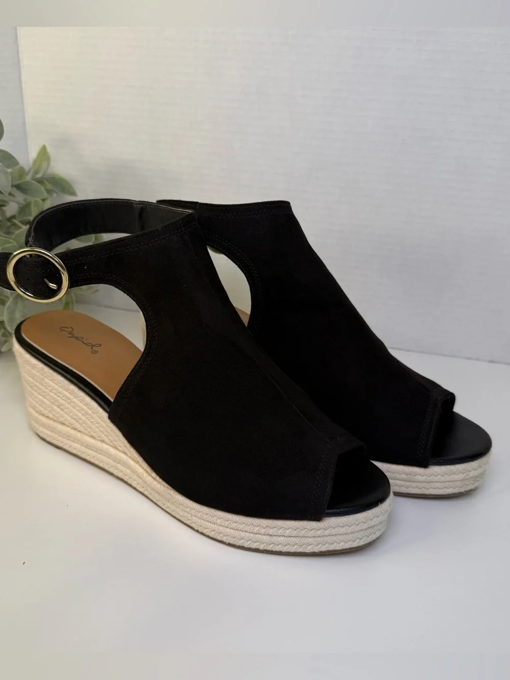 Qupid Caleb Black & Beige Open-Toe Espadrille Wedge Boho Sandals Womens Size 10